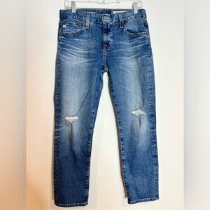 Ag Adriano Goldschmied Blue Straight Jeans with Distressed Details Size 28
